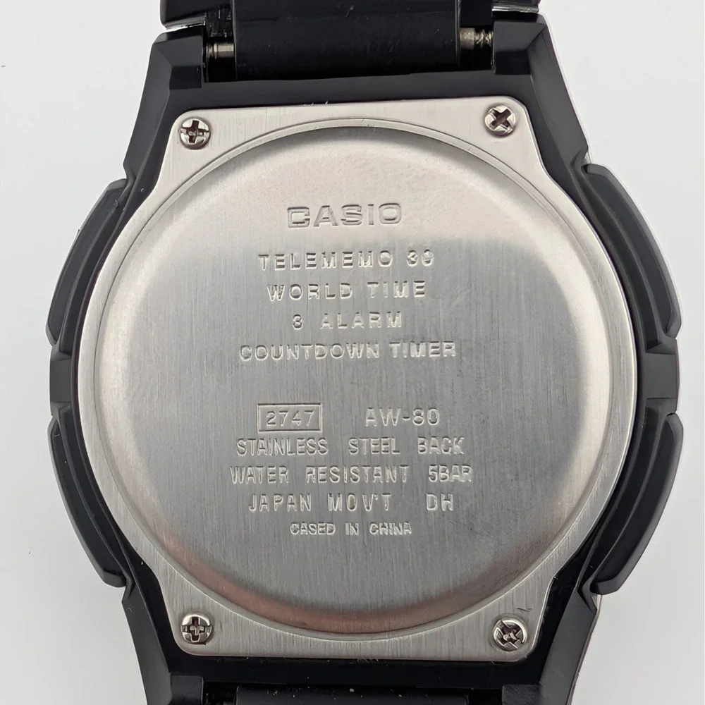 Casio AW-80 Telememo 30 Analog Digital‎ World Time Watch Black Resin
